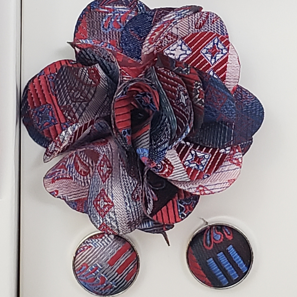 Blue Red Bow Tie & Necktie Bud Hanky CuffLink Set - Picture 4 of 8